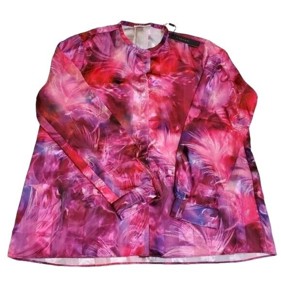 T Tahari Womens blouse Driya Pink Satin Printed Workwear Size XL snap button new - Picture 15 of 16